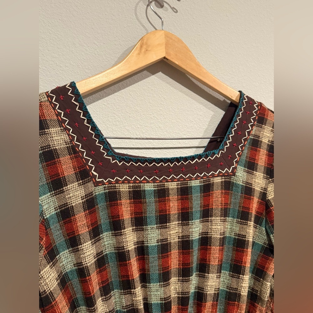 Double D Ranch Plaid‎ Floral Embroidered Dress Size S Long Sleeve Western Boho - Picture 4 of 4